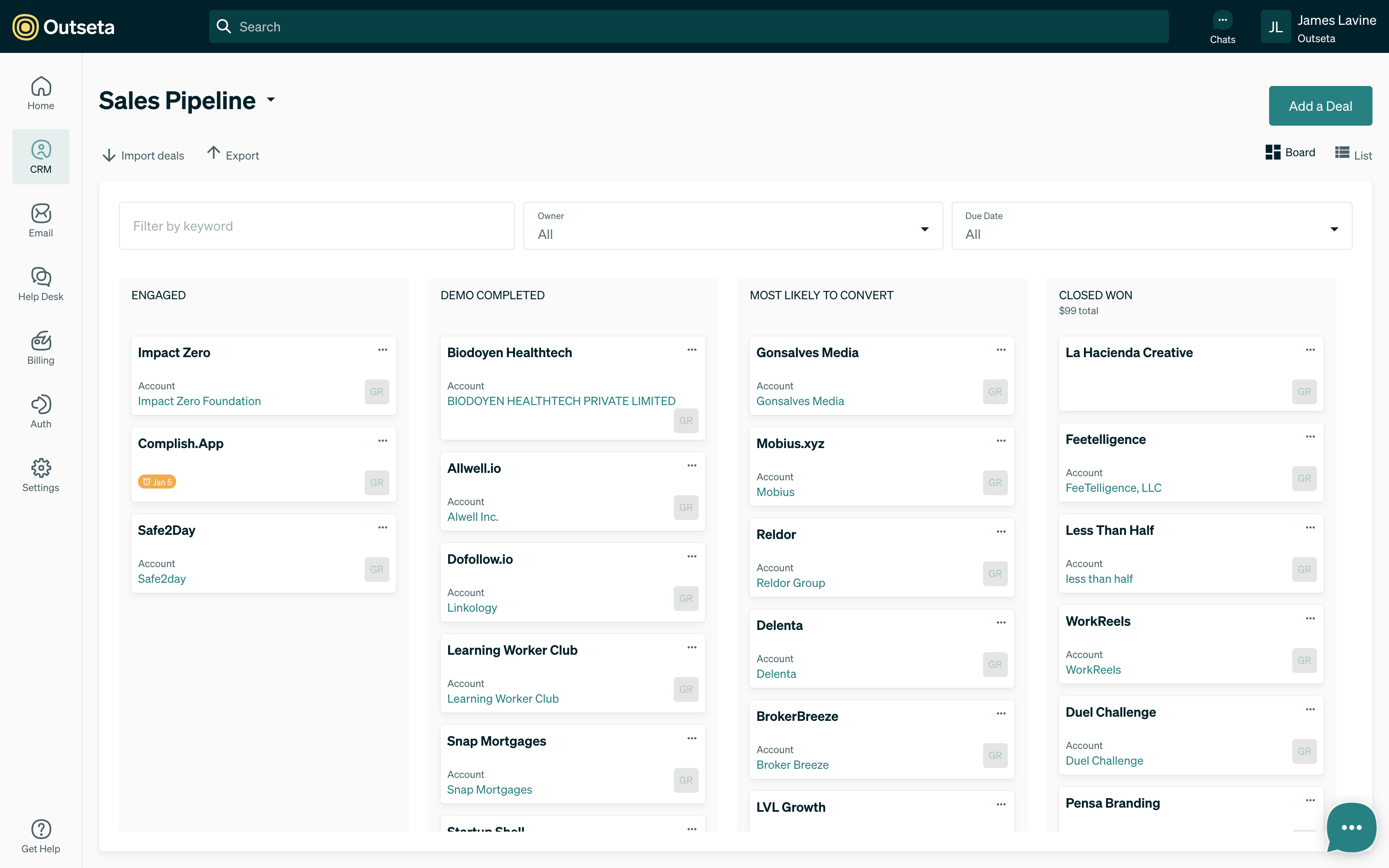 Screenshot of the sales pipeline screen.